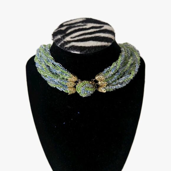 Vintage Japanese 70's Glass Seed Bead & Faceted Crystal Multi-Strand Necklace - Picture 7 of 10